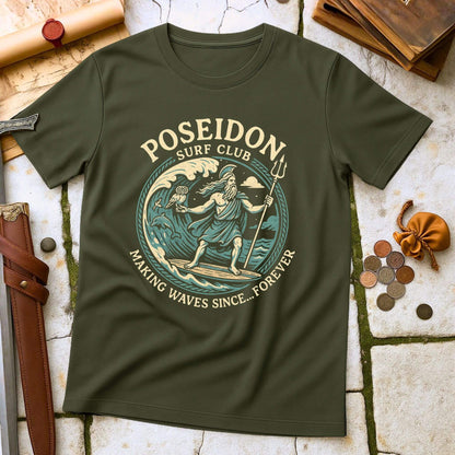 Military Green t-shirt with Poseidon Surf Club graphic on a stone surface with coins and a belt.