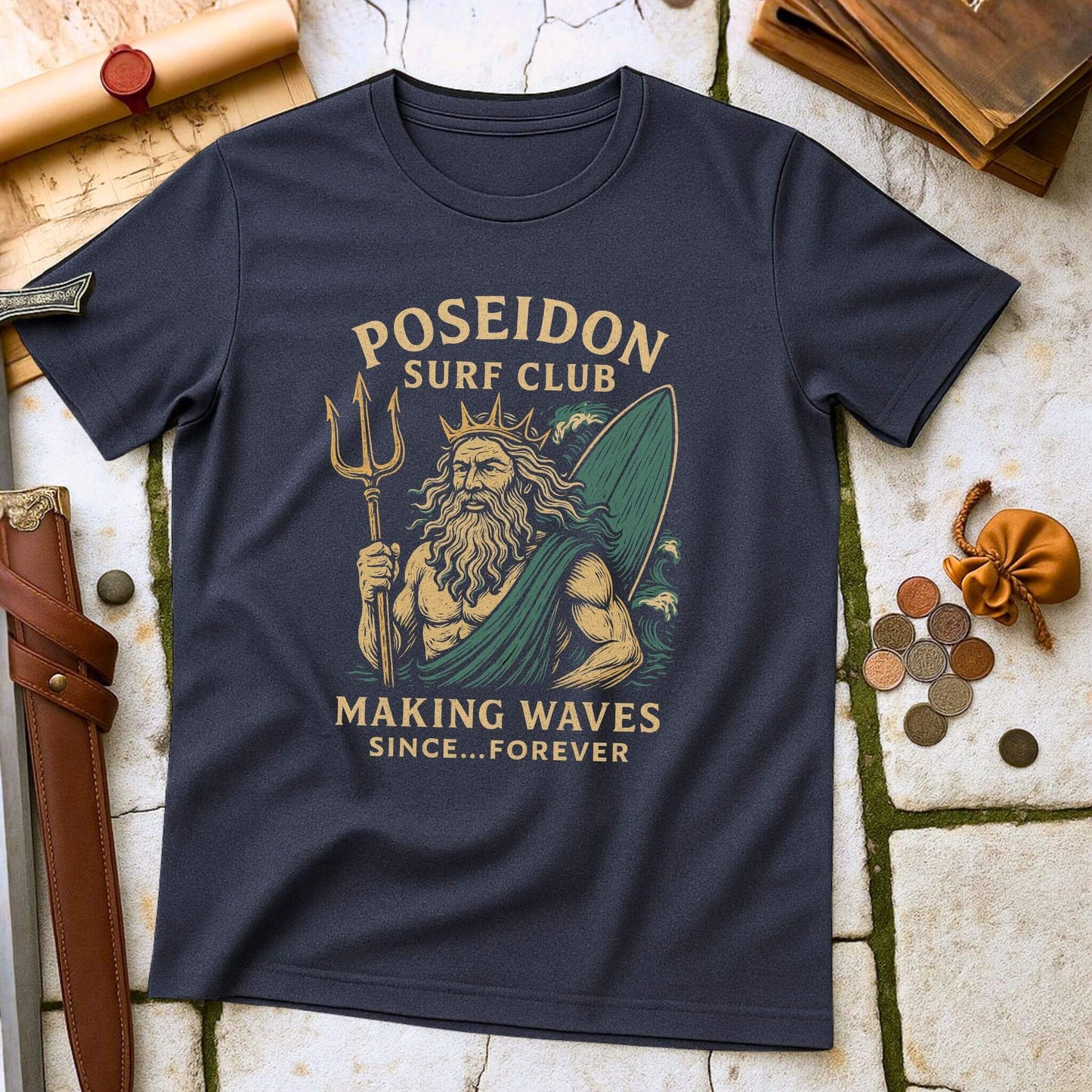 Heather Navy blue t-shirt with Poseidon graphic and text on a textured surface.