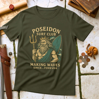 Military Green t-shirt with Poseidon graphic and text on a stone surface with coins and a belt.