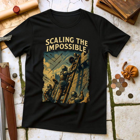 Black t-shirt with 'Scaling the Impossible' graphic design on a textured surface with props.