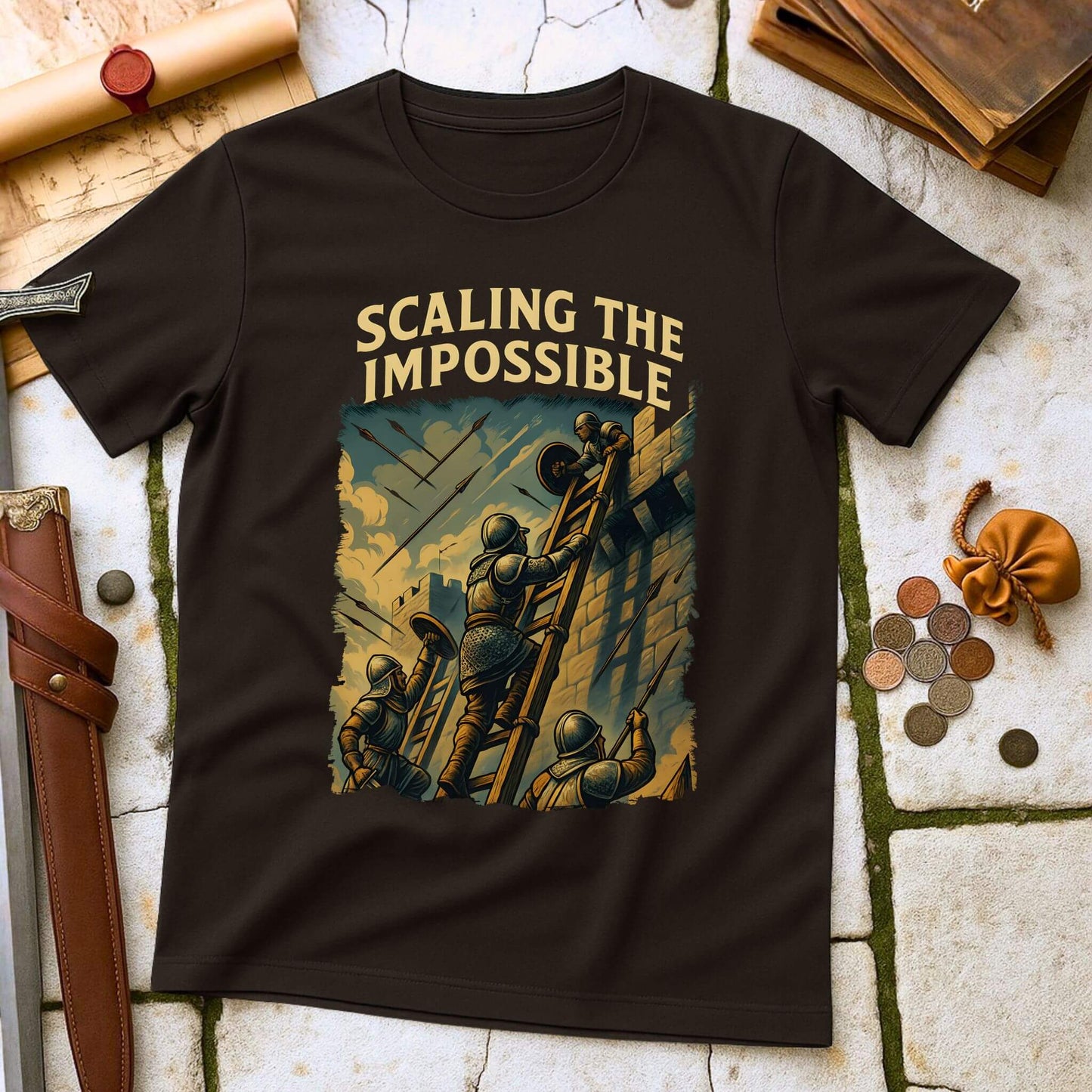 Dark Chocolate t-shirt with 'Scaling the Impossible' graphic design on a stone surface with medieval-themed items.