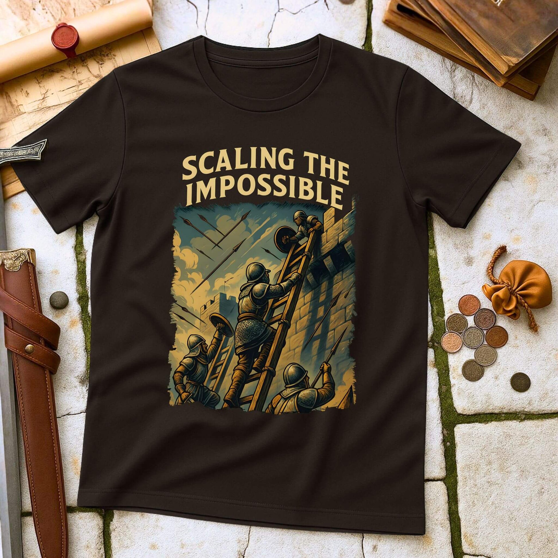 Dark Chocolate t-shirt with 'Scaling the Impossible' graphic design on a stone surface with medieval-themed items.