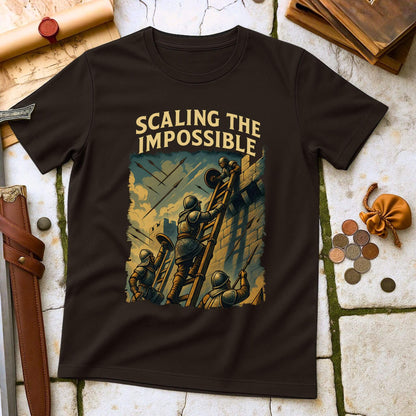 Dark Chocolate t-shirt with 'Scaling the Impossible' graphic design on a stone surface with medieval-themed items.