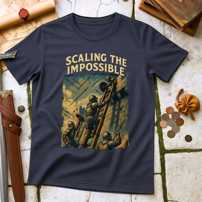 Heather Navy blue t-shirt with 'Scaling the Impossible' graphic design on a stone surface with historical props.