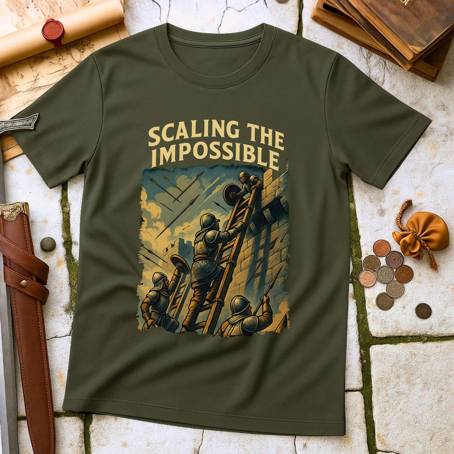 Military Green t-shirt with 'Scaling the Impossible' graphic design on a textured surface with historical props.