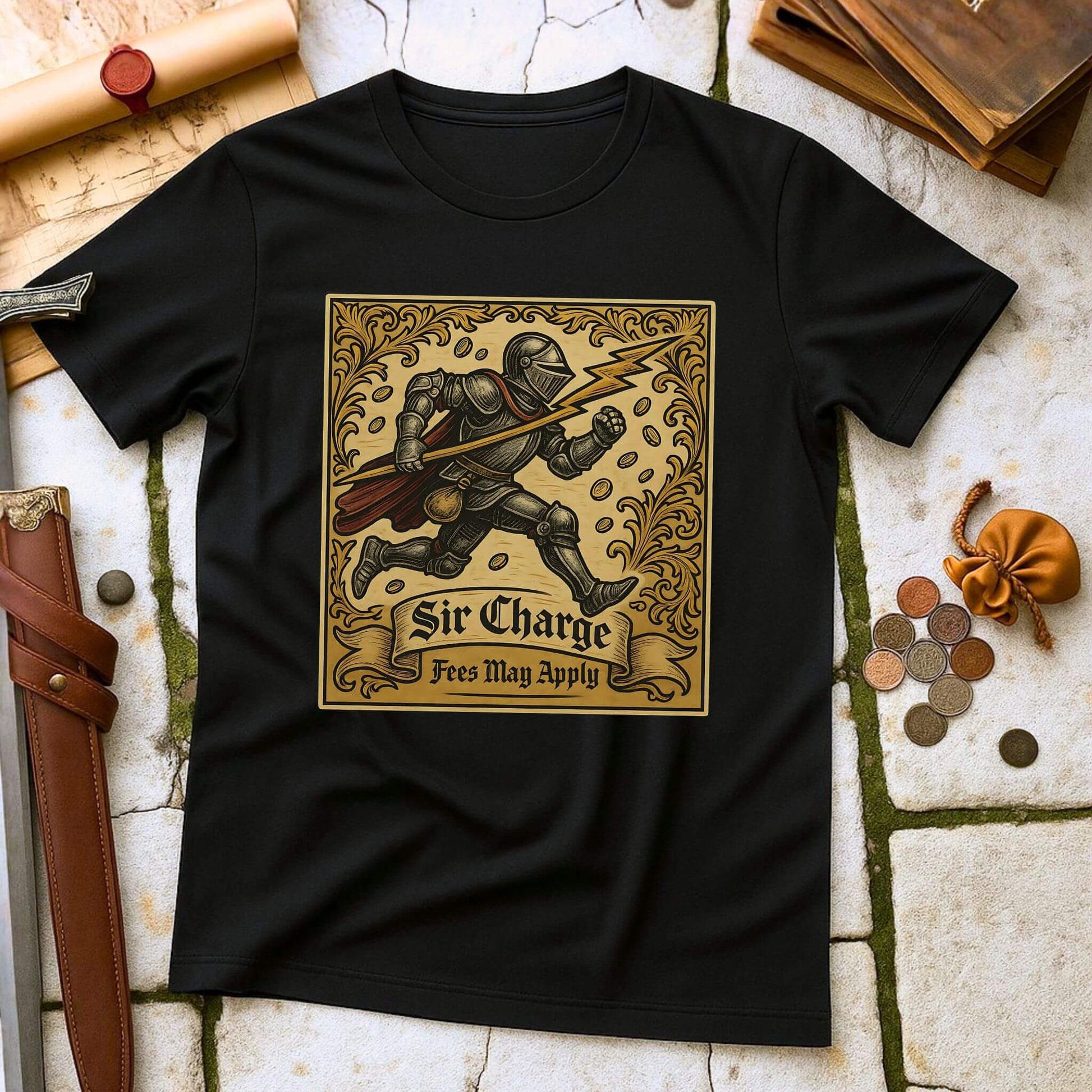 Black t-shirt with a graphic design of a knight and text 'Sir Charge' on a stone surface with medieval-themed items.