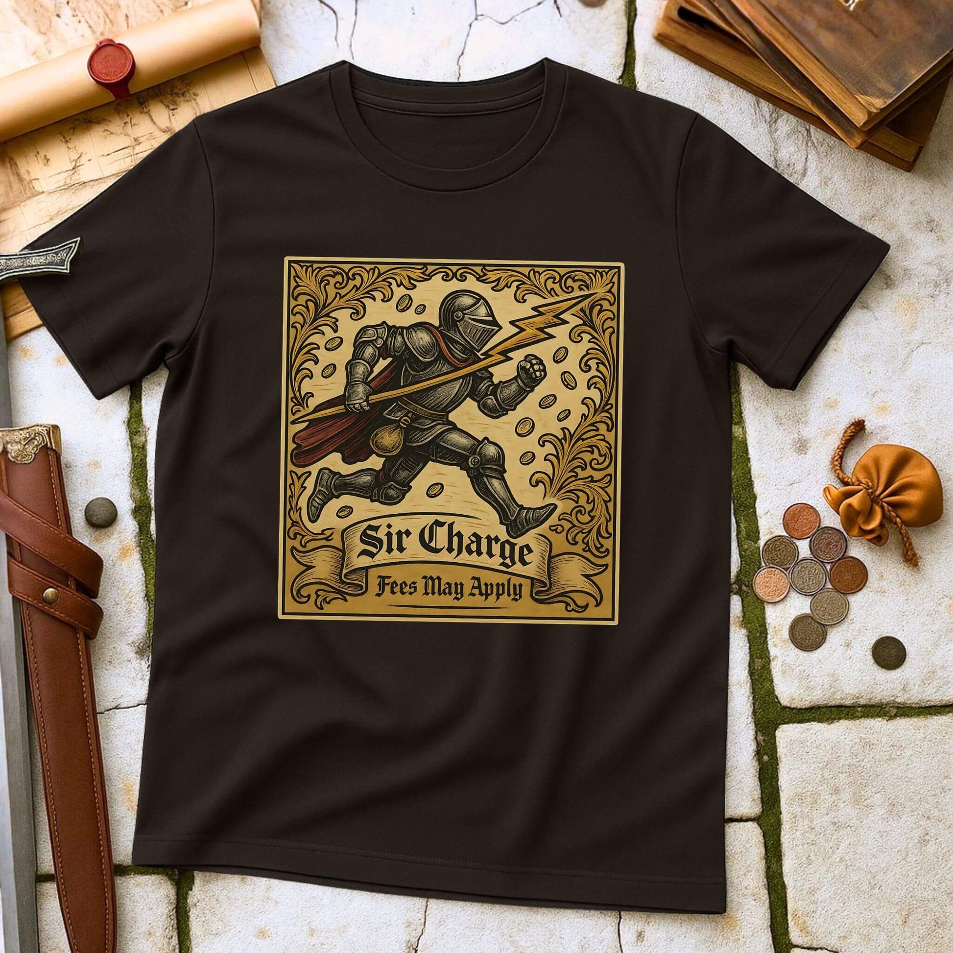 Dark Chocolate t-shirt with a graphic design of a knight and text 'Sir Charge: Fees May Apply' on a stone surface with coins and a sword.