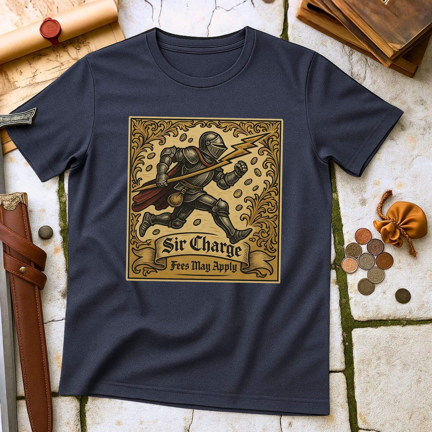 Heather Navy t-shirt with a graphic design of a knight and text 'Sir Charge' on a stone surface with coins and a belt.