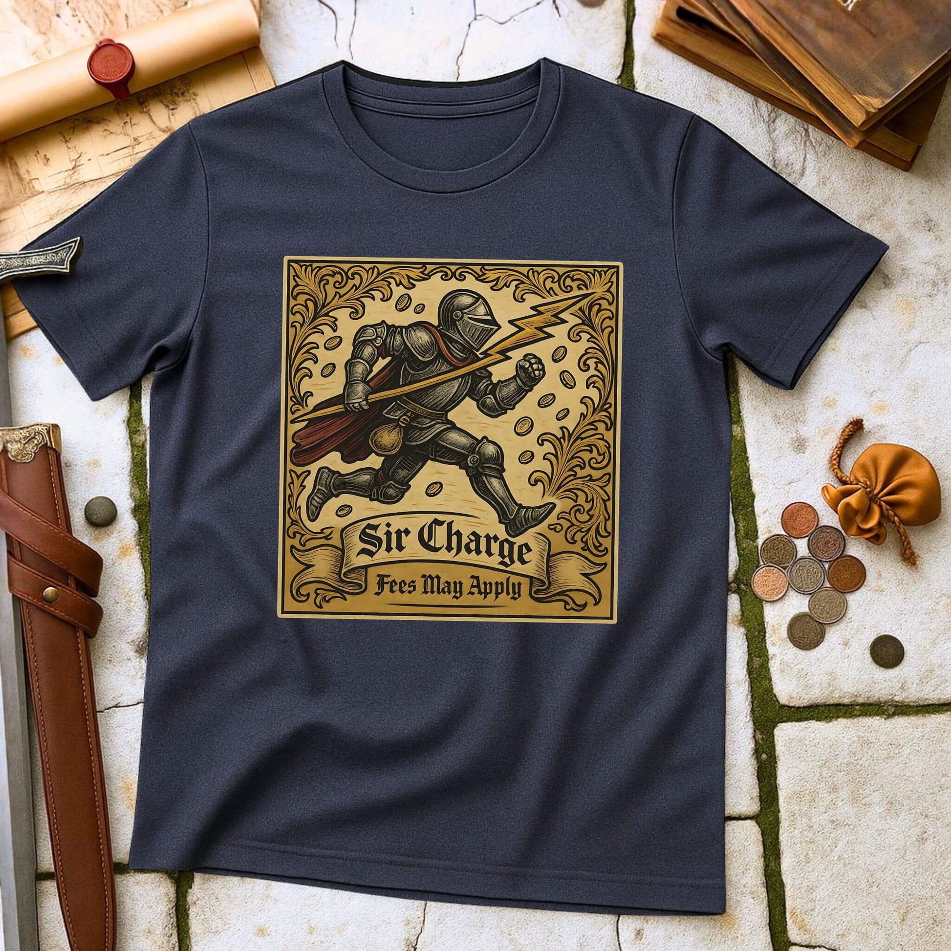 Heather Navy t-shirt with a graphic design of a knight and text 'Sir Charge' on a stone surface with coins and a belt.