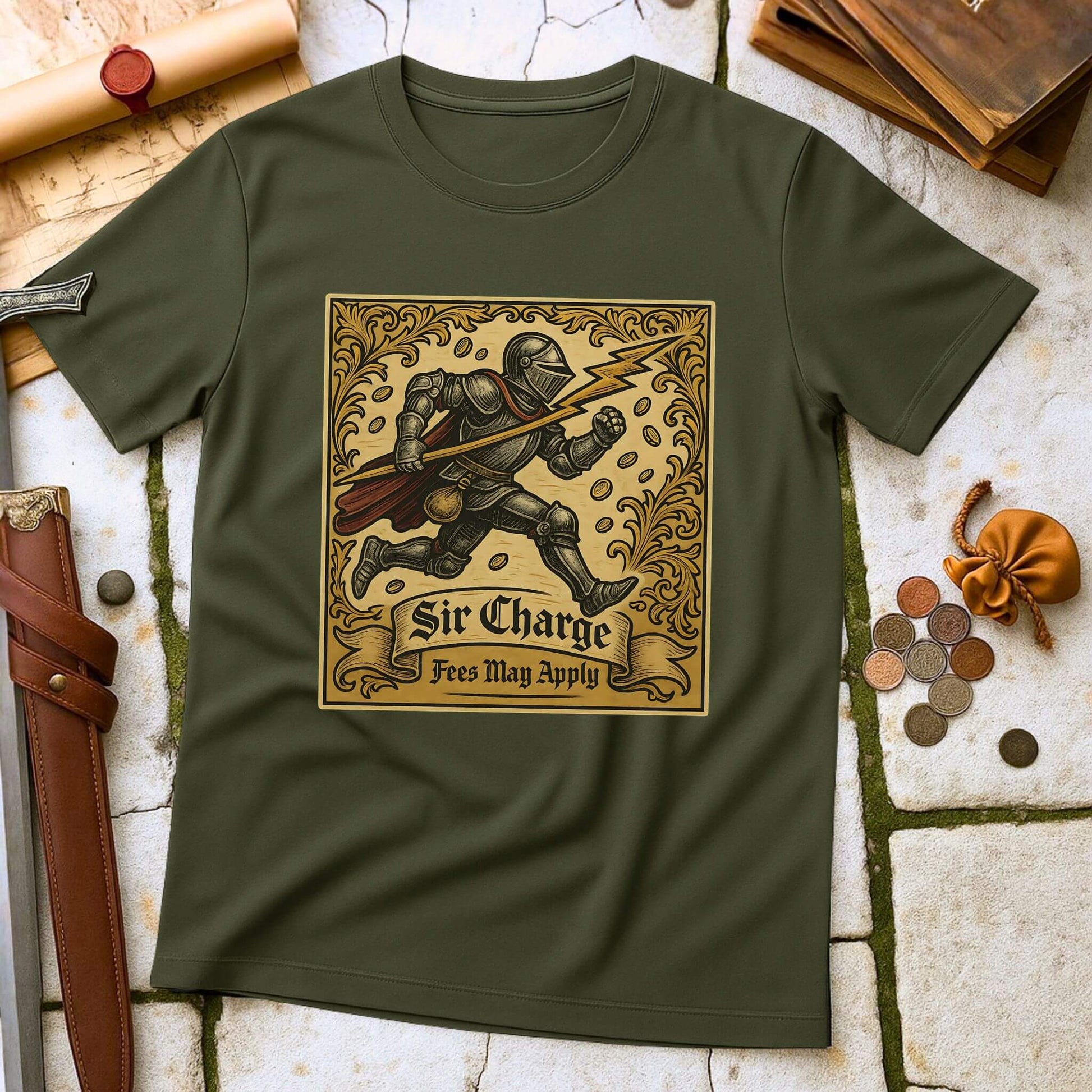 Military Green t-shirt with a knight graphic and 'Sir Charge' text on a stone surface with coins and books.