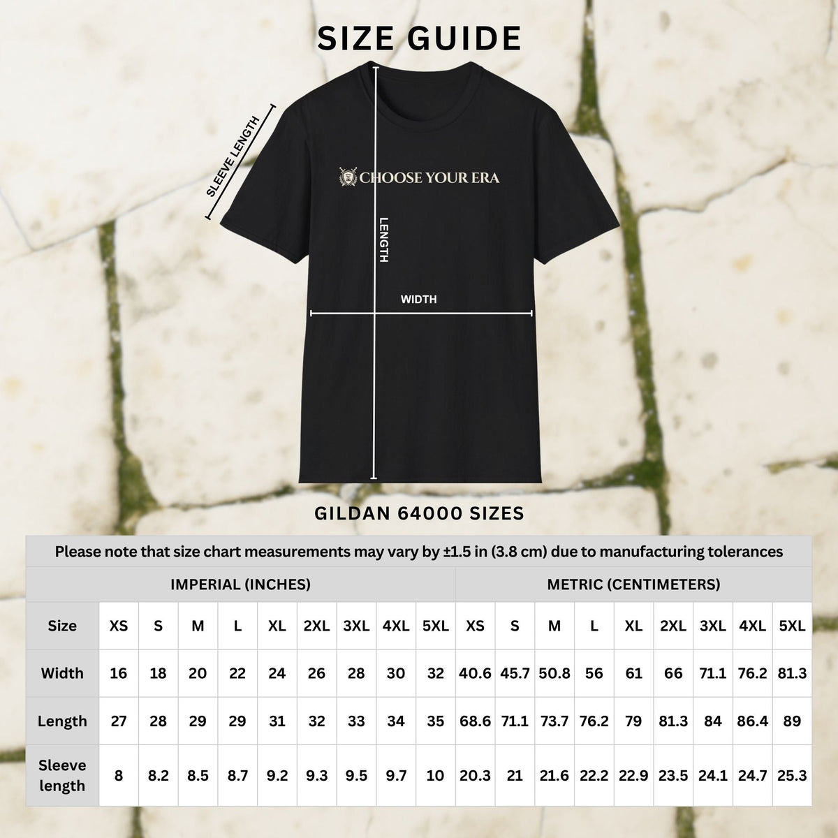 Choose Your Era t-shirt size guide