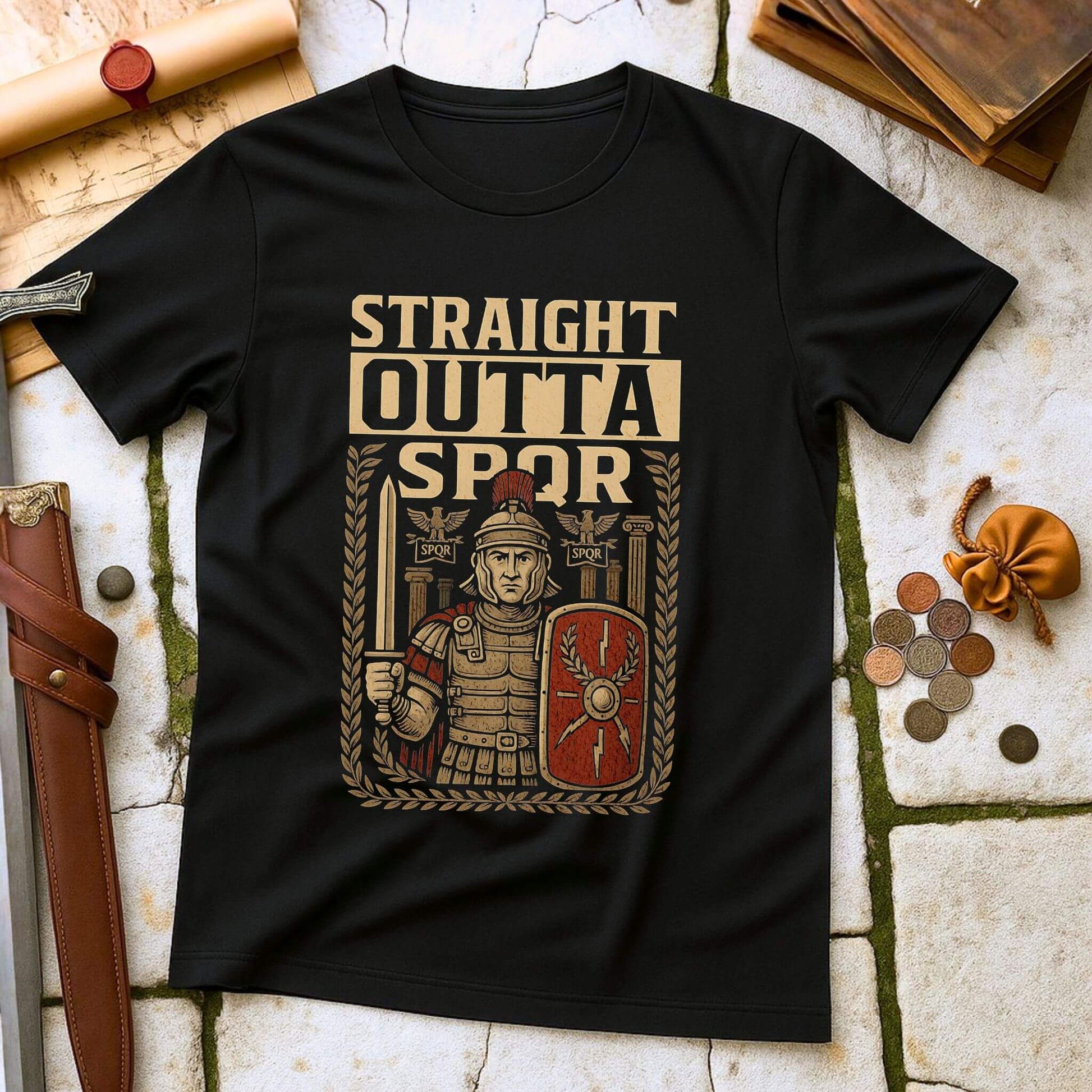 Black t-shirt mockup featuring a 'Straight Outta SPQR' design with a Roman centurion holding a gladius sword and shield, surrounded by laurel wreaths, laid flat on a stone and leather historical background