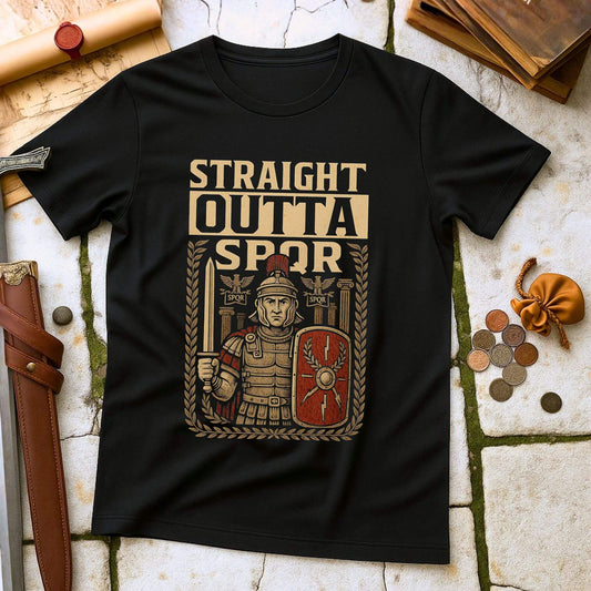 Black t-shirt mockup featuring a 'Straight Outta SPQR' design with a Roman centurion holding a gladius sword and shield, surrounded by laurel wreaths, laid flat on a stone and leather historical background