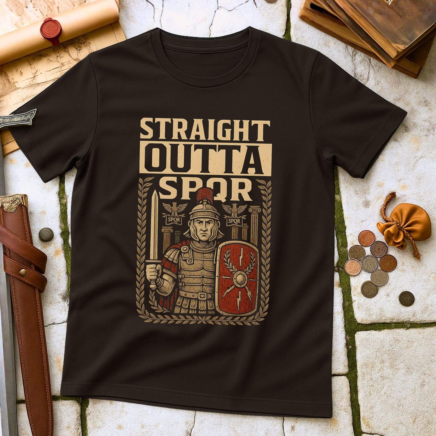 Dark Chocolate t-shirt mockup featuring a 'Straight Outta SPQR' design with a Roman centurion holding a gladius sword and shield, surrounded by laurel wreaths, laid flat on a stone and leather historical background