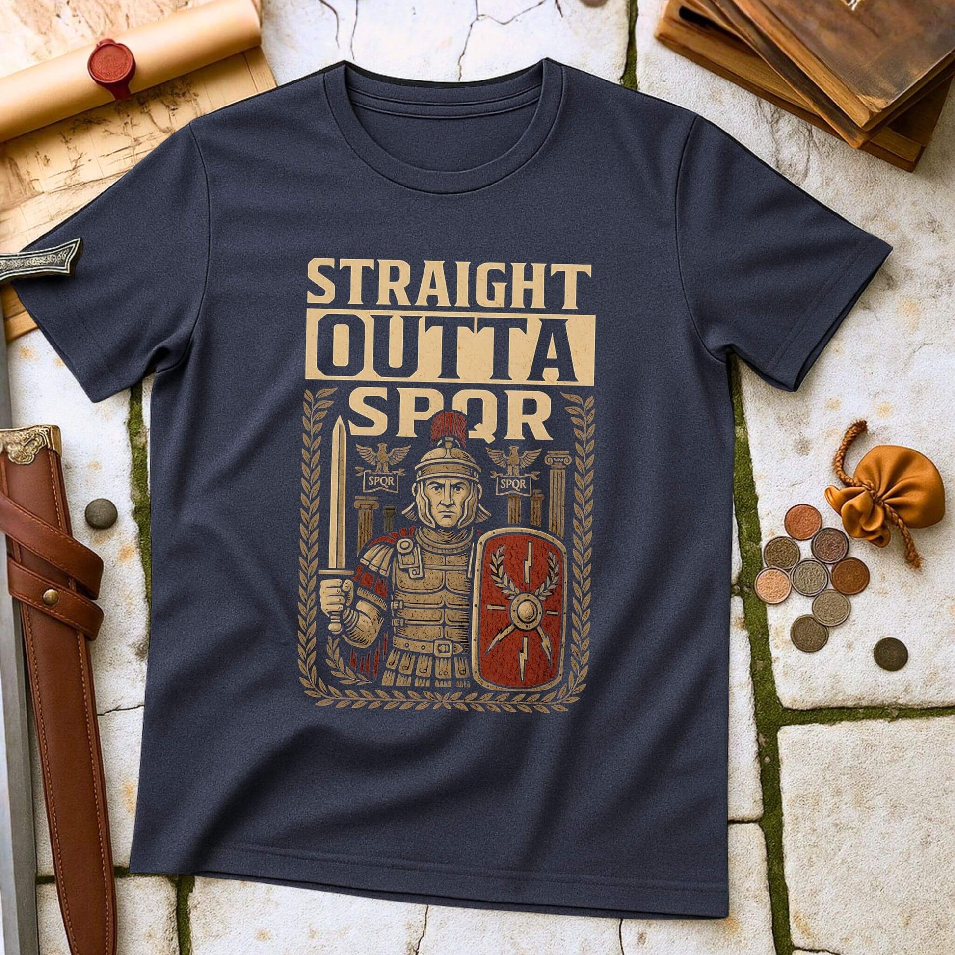 Heather Navy t-shirt mockup featuring a 'Straight Outta SPQR' design with a Roman centurion holding a gladius sword and shield, surrounded by laurel wreaths, laid flat on a stone and leather historical background