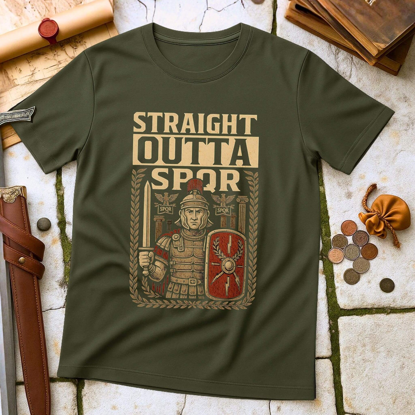Military Green t-shirt mockup featuring a 'Straight Outta SPQR' design with a Roman centurion holding a gladius sword and shield, surrounded by laurel wreaths, laid flat on a stone and leather historical background