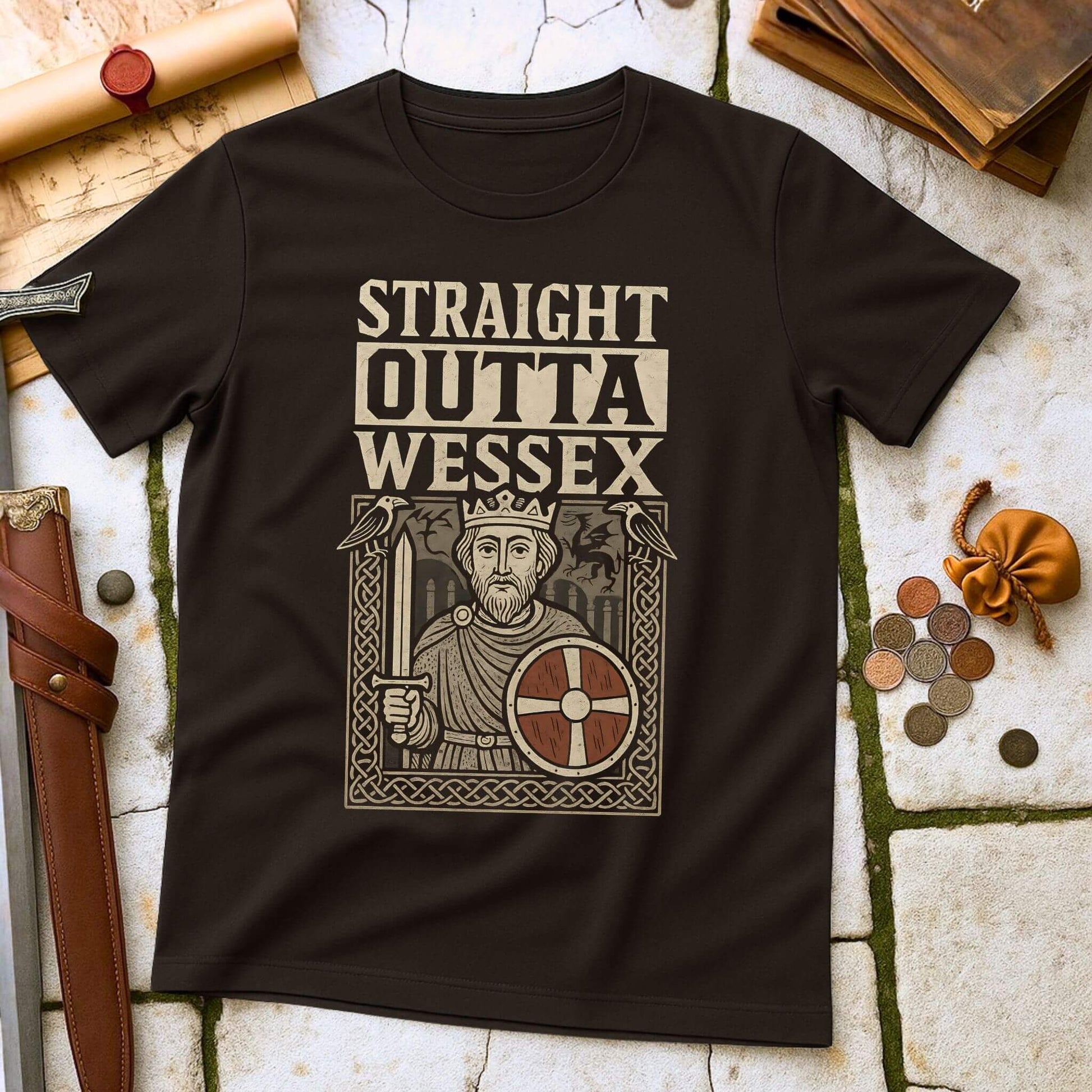 Dark Chocolate t-shirt mockup featuring a 'Straight Outta Wessex' design with King Alfred the Great holding a sword and shield, surrounded by Anglo-Saxon art, laid flat on a stone and leather historical background