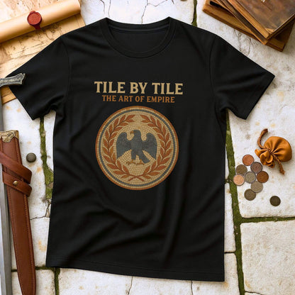 Black t-shirt with 'Tile by Tile: The Art of Empire' design on a stone surface with coins and a sword.