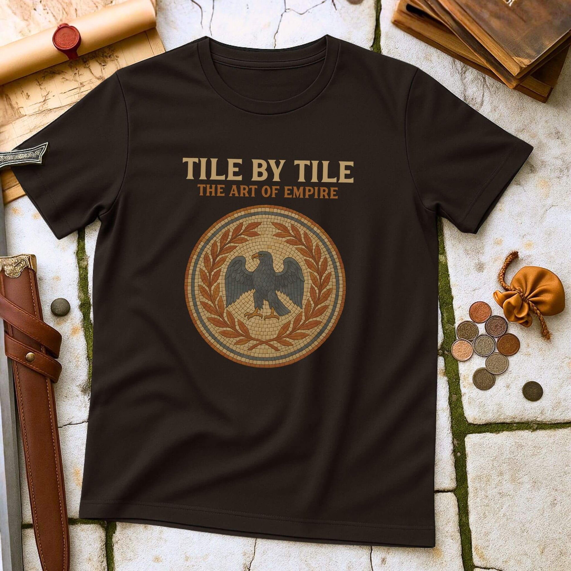 Dark Chocolate t-shirt with 'Tile by Tile: The Art of Empire' design on a stone surface.