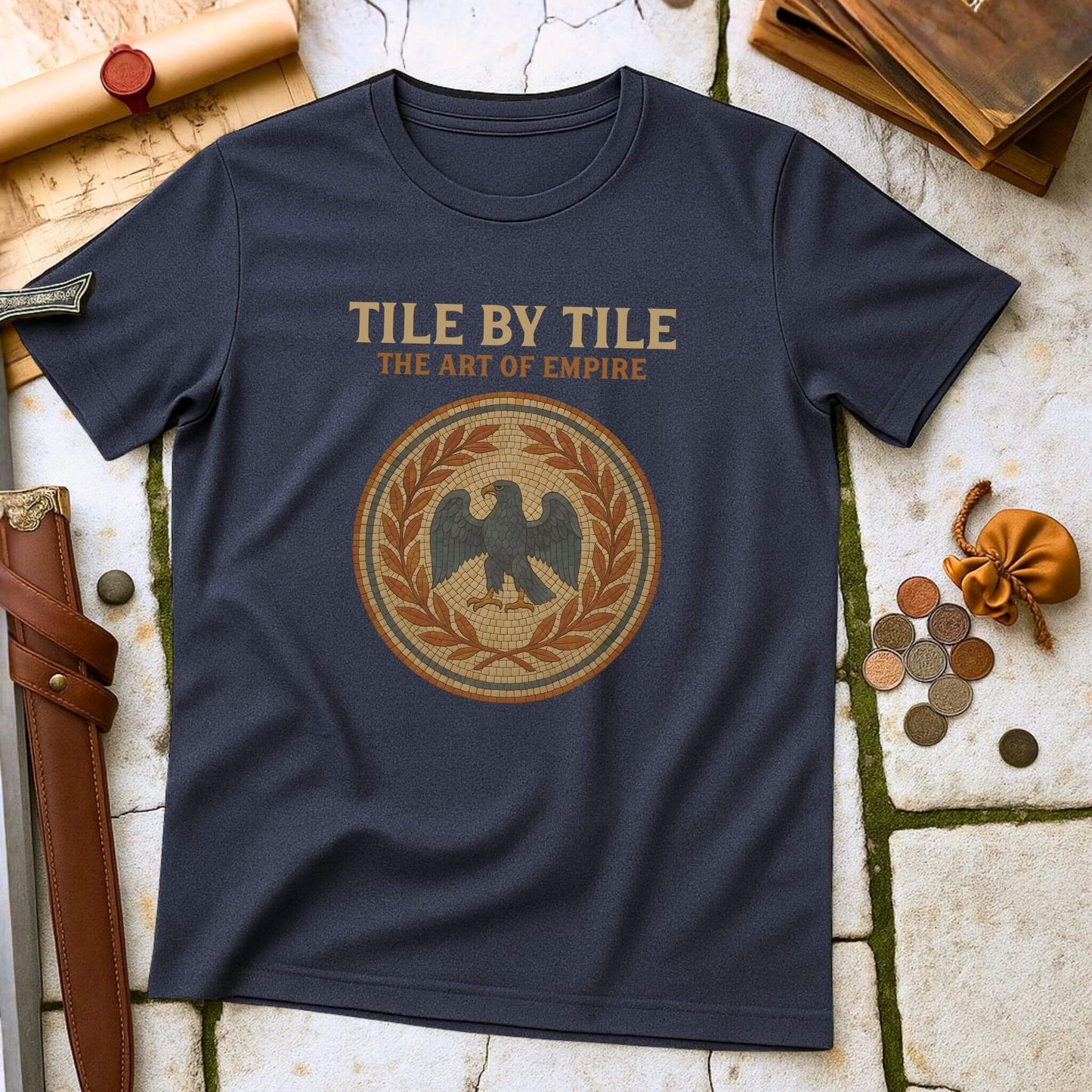 Heather Navy blue t-shirt with 'Tile by Tile: The Art of Empire' design on a stone surface.