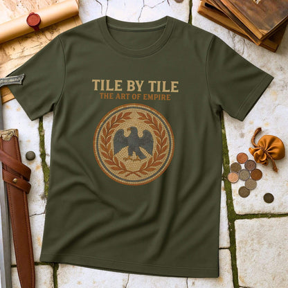 Military Green t-shirt with 'Tile by Tile: The Art of Empire' design on a stone surface.