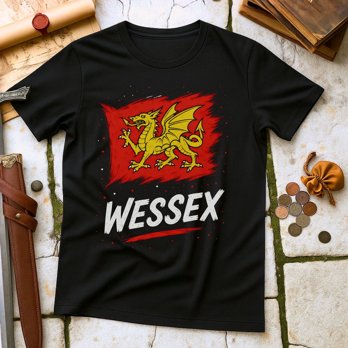 Black t-shirt with red dragon graphic and 'Wessex' text on a stone surface with coins and a belt.