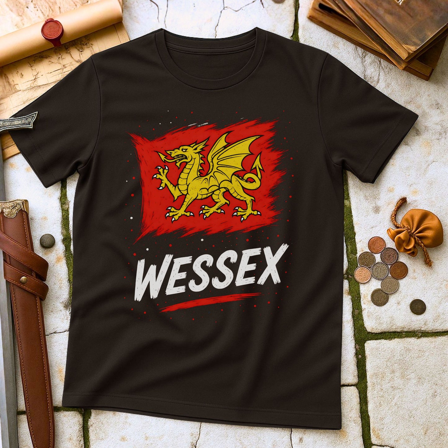 Black t-shirt with red dragon graphic and 'Wessex' text on a textured surface.