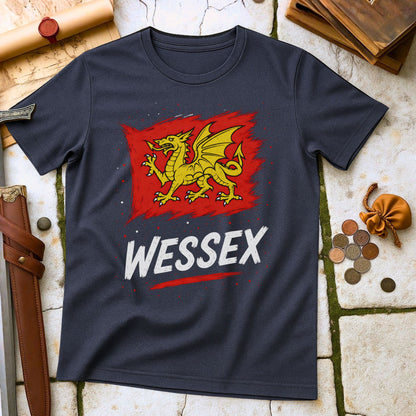 Heather Navy t-shirt with red dragon graphic and 'Wessex' text on a textured surface.