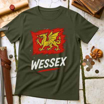 Military Green t-shirt with a red dragon graphic and 'Wessex' text on a stone surface.