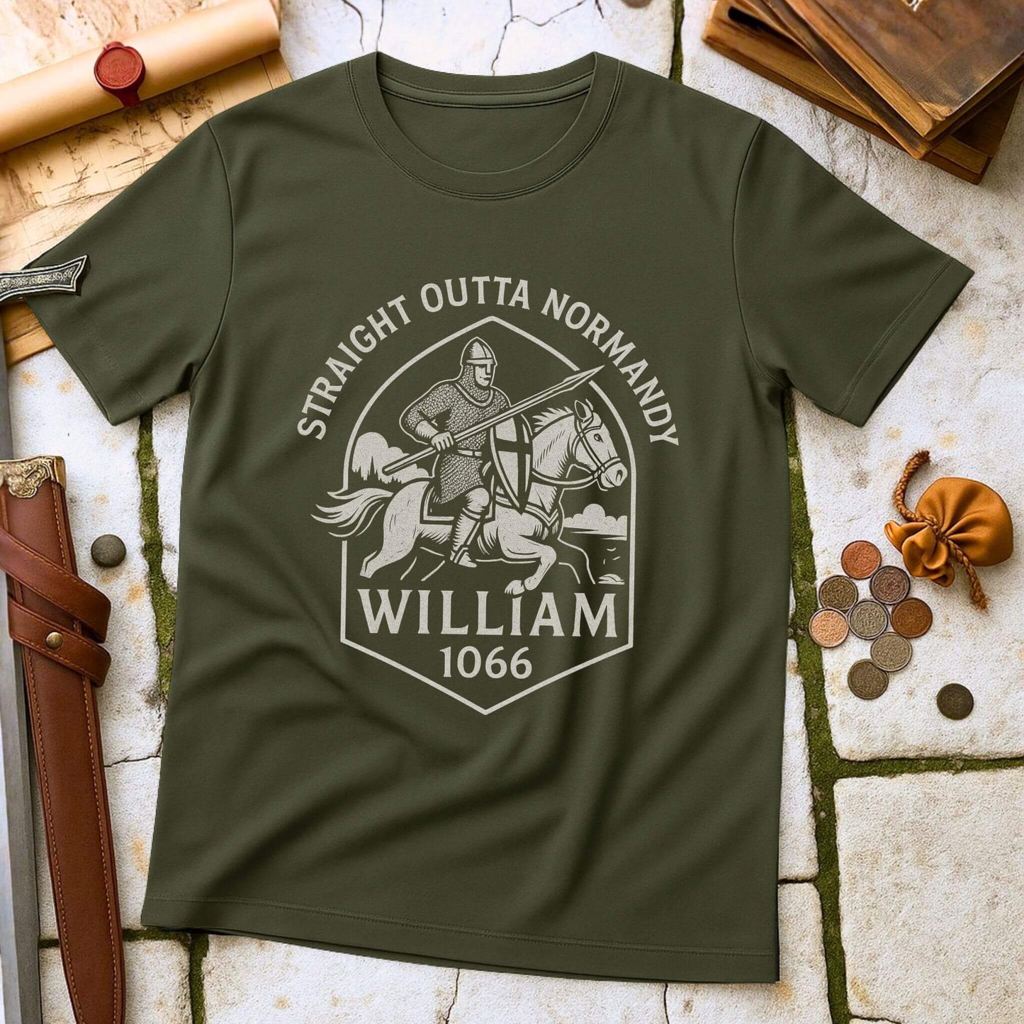 Military Green t-shirt with a graphic design of a knight with printed text that says " Straight outta Normandy WIlliam 1066"  on a stone surface with historical props.