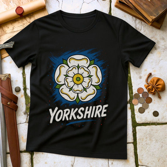 Black t-shirt with a white rose design and 'Yorkshire' text on a stone surface.