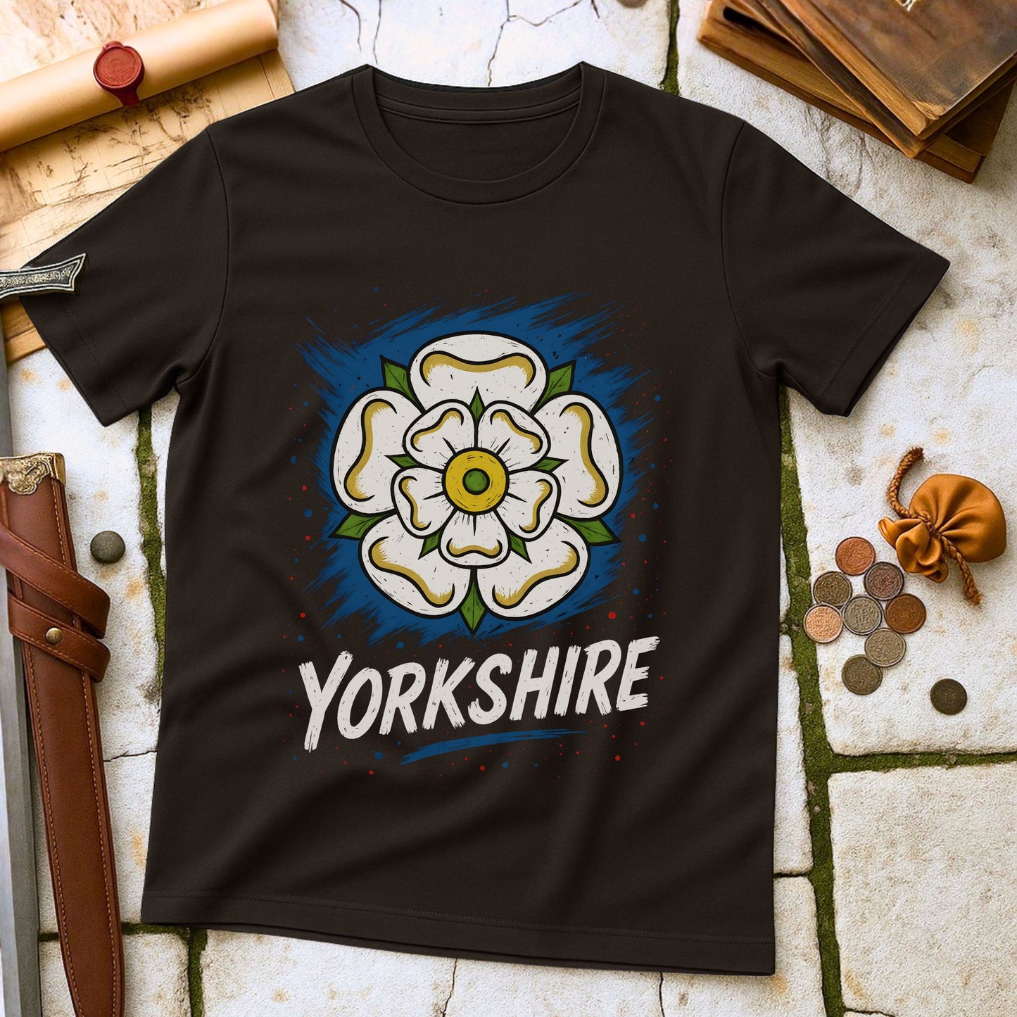 Dark Chocolate t-shirt with a Yorkshire rose design on a stone surface with historical items.