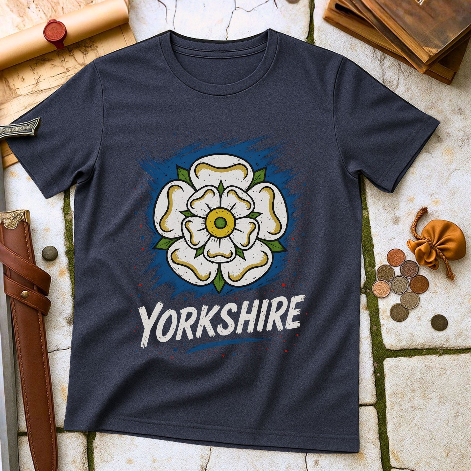 Heather Navy blue t-shirt with a white rose design and 'Yorkshire' text on a stone surface.