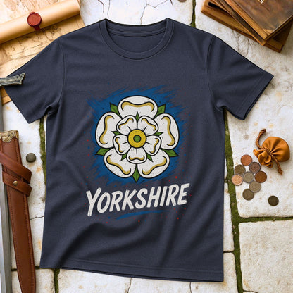 Heather Navy blue t-shirt with a white rose design and 'Yorkshire' text on a stone surface.