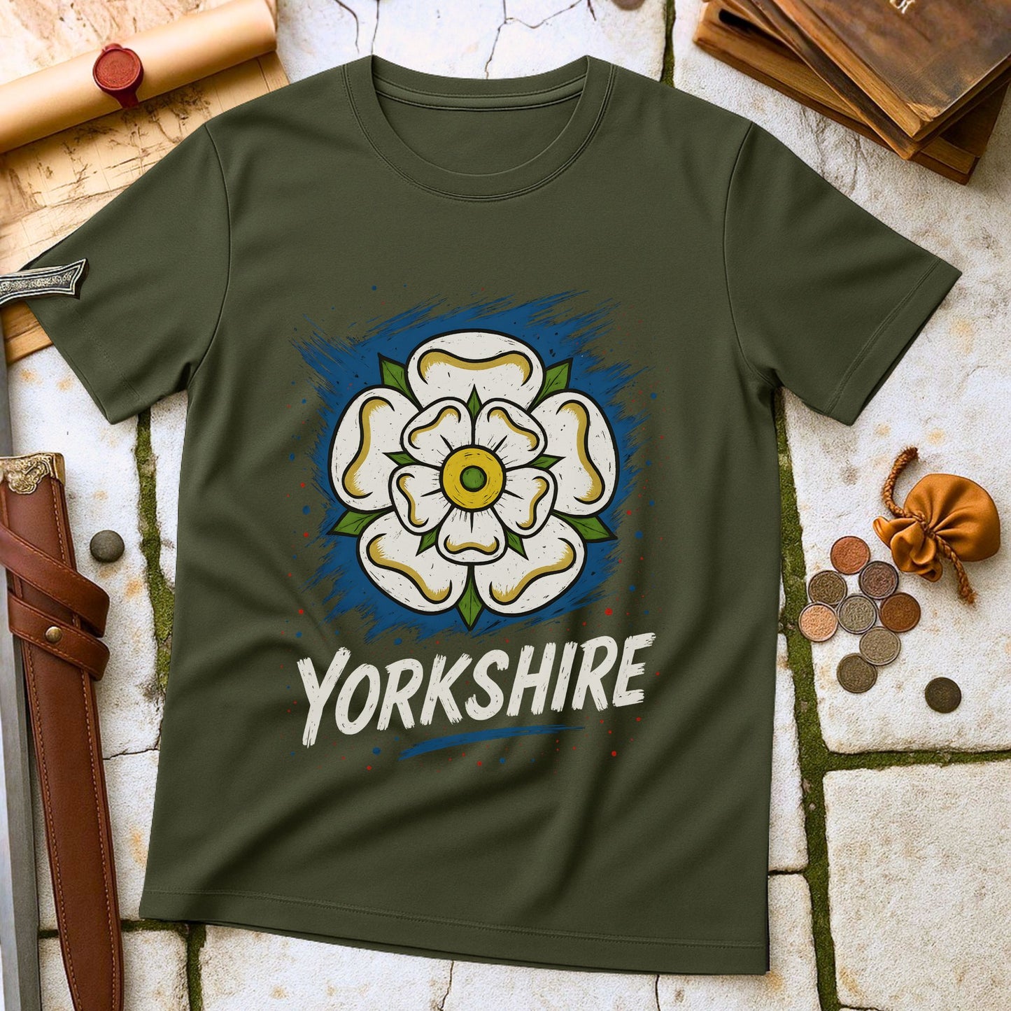 Miltary Green t-shirt with a white rose design and 'Yorkshire' text on a stone surface.