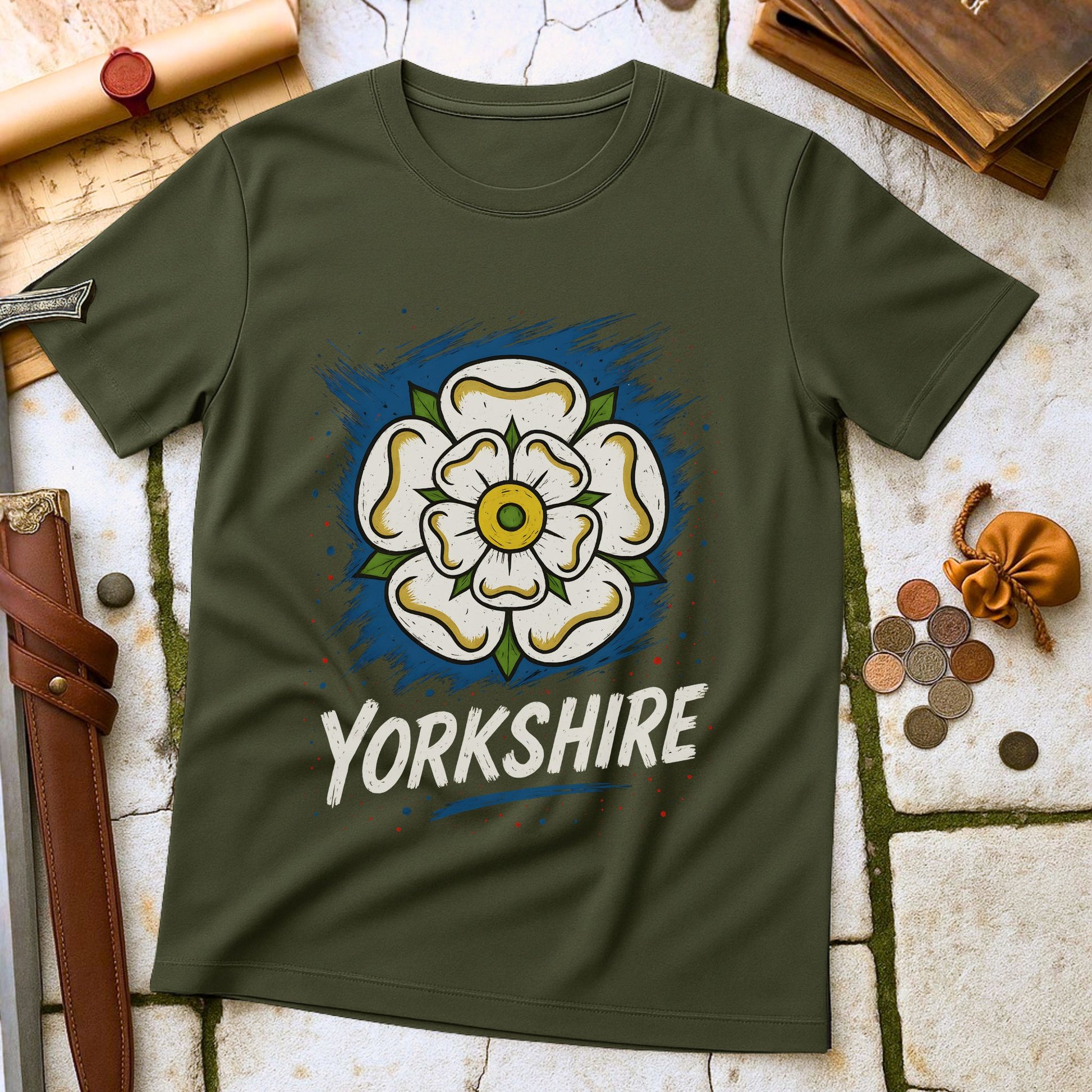 Miltary Green t-shirt with a white rose design and 'Yorkshire' text on a stone surface.